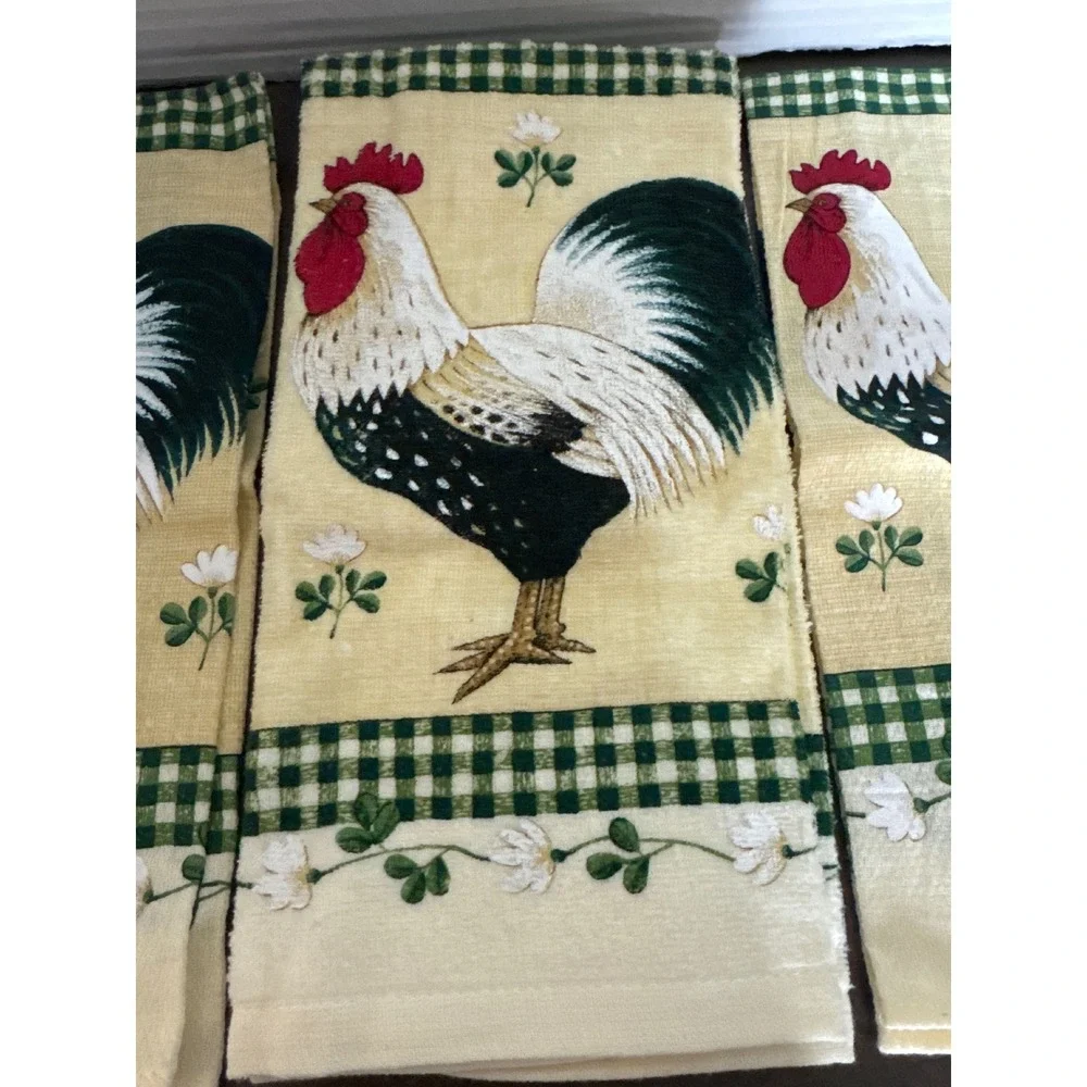 Franco Rooster Kitchen Towels Set /3 Cream Green Gingham Farmhouse Country Decor